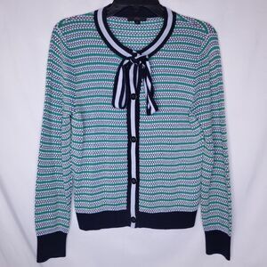 J Crew Cardigan Womens Medium Striped Green White Merino Wool Textured Lady